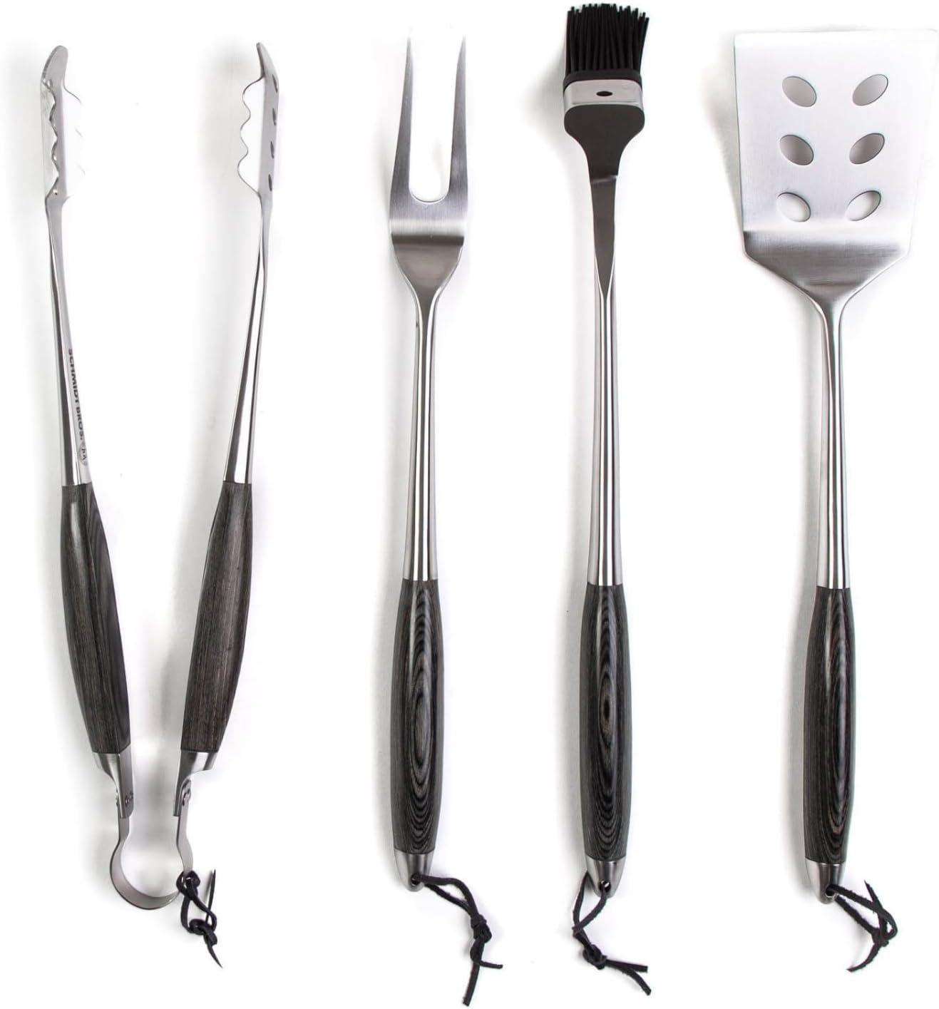 image:imageSchmidt Brothers BBQ Bonded Teak 4 Piece Grilling Accessory Set FullForged Stainless Steel Grilling Utensils Including Spatula Fork Basting Brush and Tongs with All Wood HandlesBonded Ash