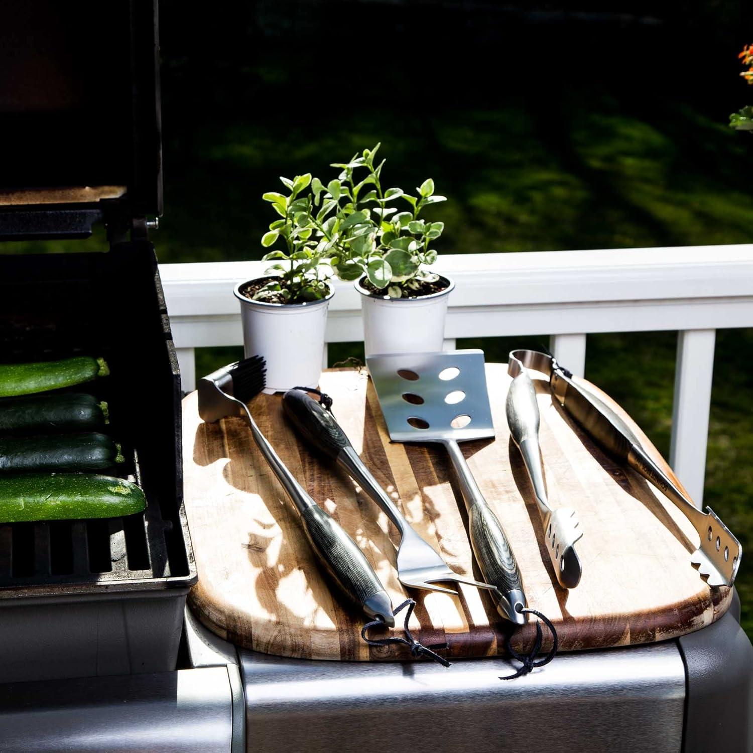 image:imageSchmidt Brothers BBQ Bonded Teak 4 Piece Grilling Accessory Set FullForged Stainless Steel Grilling Utensils Including Spatula Fork Basting Brush and Tongs with All Wood HandlesBonded Ash