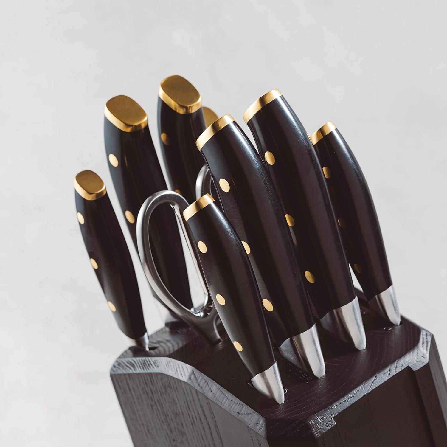 image:imageSchmidt Brothers Black amp Brass 15Piece Kitchen Knife Set HighCarbon German Stainless Steel Cutlery Clear Acrylic Magnetic Knife Block SetBlack Brass