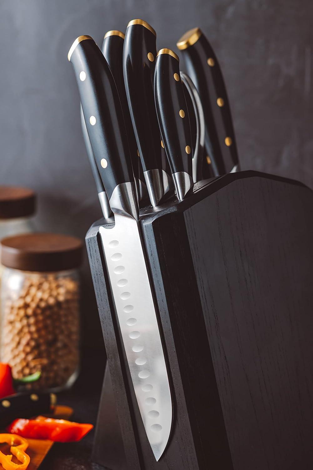 image:imageSchmidt Brothers Black amp Brass 15Piece Kitchen Knife Set HighCarbon German Stainless Steel Cutlery Clear Acrylic Magnetic Knife Block SetBlack Brass