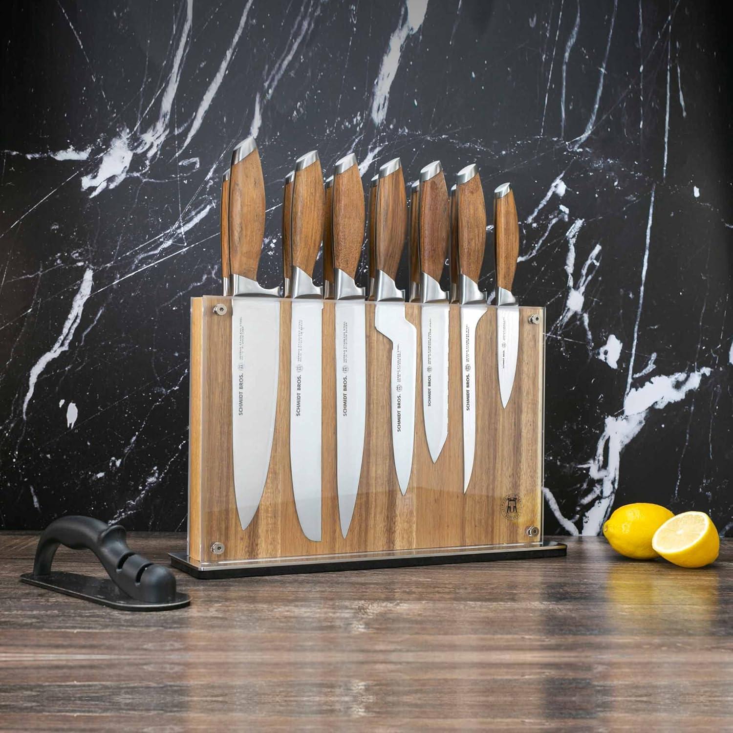 image:imageSchmidt Brothers Bonded Teak 15Piece Knife Set HighCarbon Stainless Steel Cutlery with Acacia and Acrylic Magnetic Knife Block and Knife Sharpener