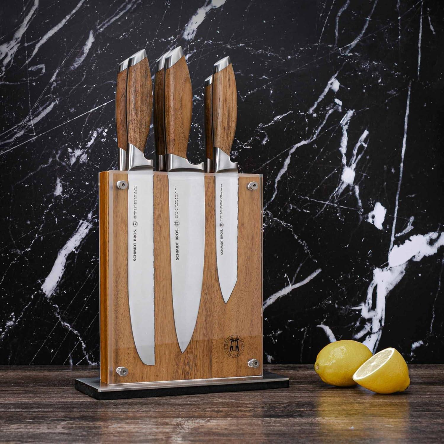 image:imageSchmidt Brothers Bonded Teak 7Piece Knife Set HighCarbon Stainless Steel Cutlery with Midtown Acacia and Acrylic Magnetic Knife Block