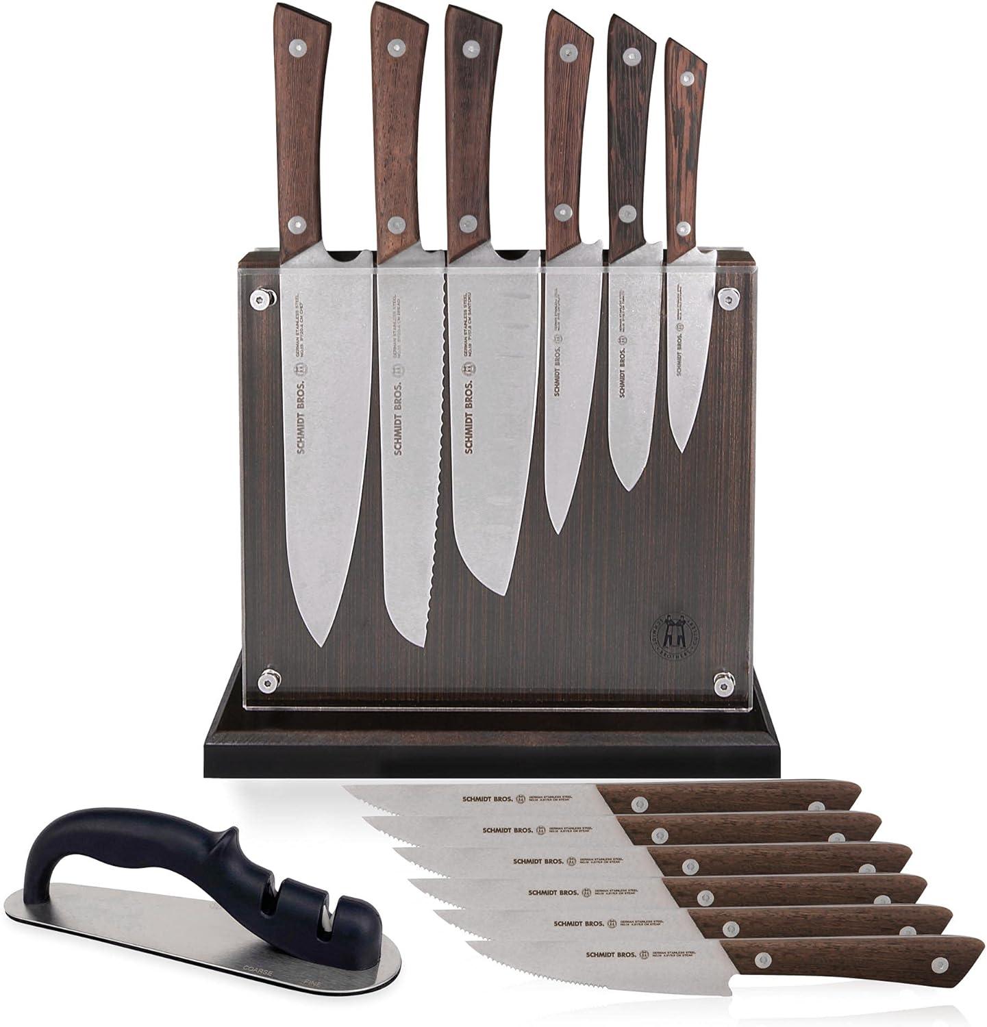 image:imageSchmidt Brothers Cutlery Stone Series 7Piece Kitchen Knife Set HighCarbon German Stainless Steel Cutlery Stonewashed Wood Handles and Clear Acrylic Magnetic Knife BlockStone Series Brown
