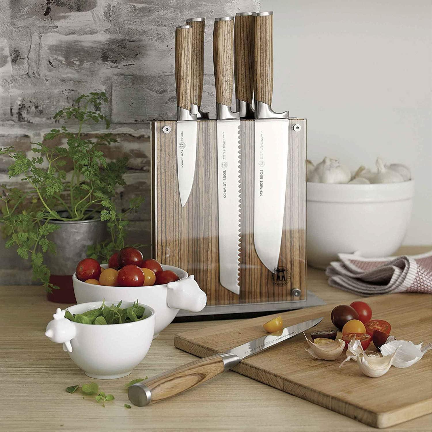 image:imageSchmidt Brothers Cutlery Stone Series 7Piece Kitchen Knife Set HighCarbon German Stainless Steel Cutlery Stonewashed Wood Handles and Clear Acrylic Magnetic Knife BlockZebra Wood Series