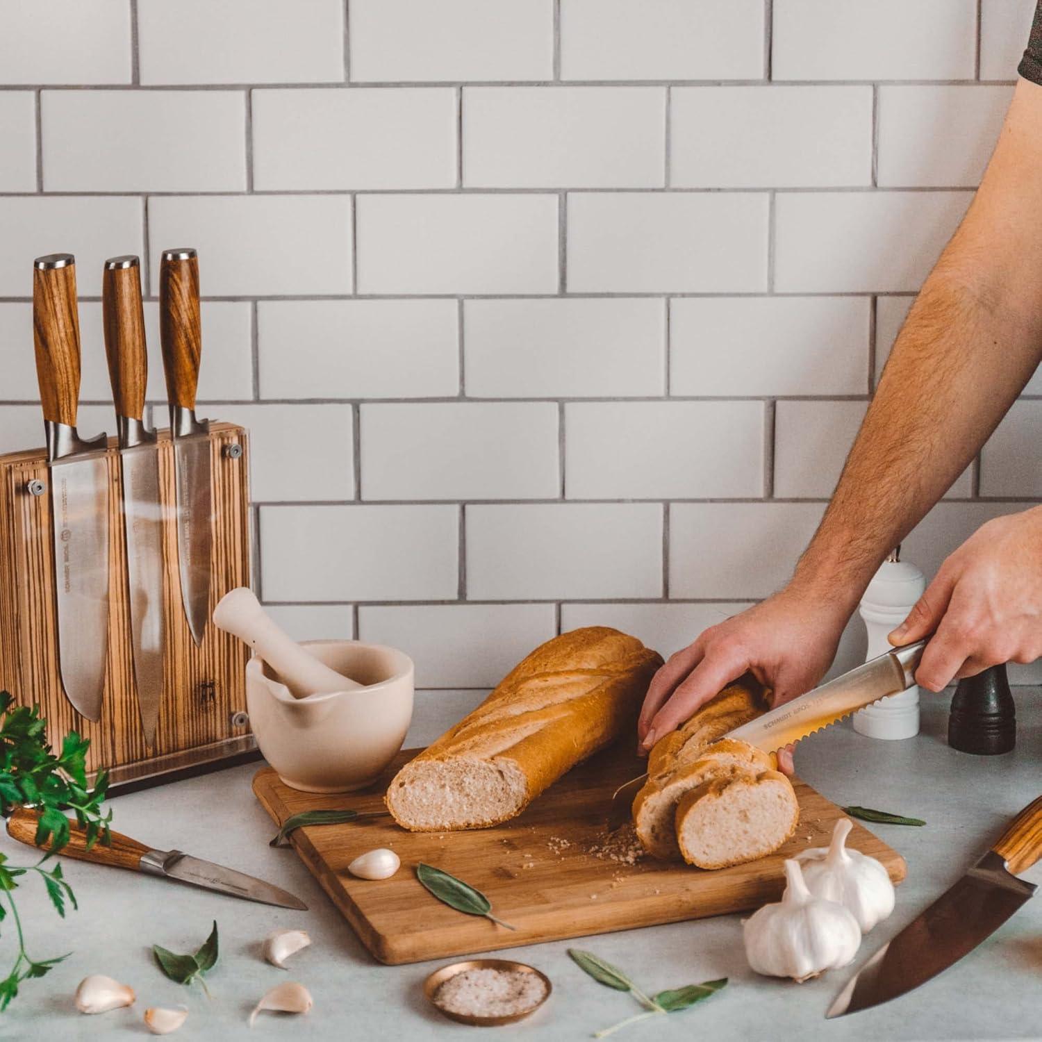 image:imageSchmidt Brothers Cutlery Stone Series 7Piece Kitchen Knife Set HighCarbon German Stainless Steel Cutlery Stonewashed Wood Handles and Clear Acrylic Magnetic Knife BlockZebra Wood Series