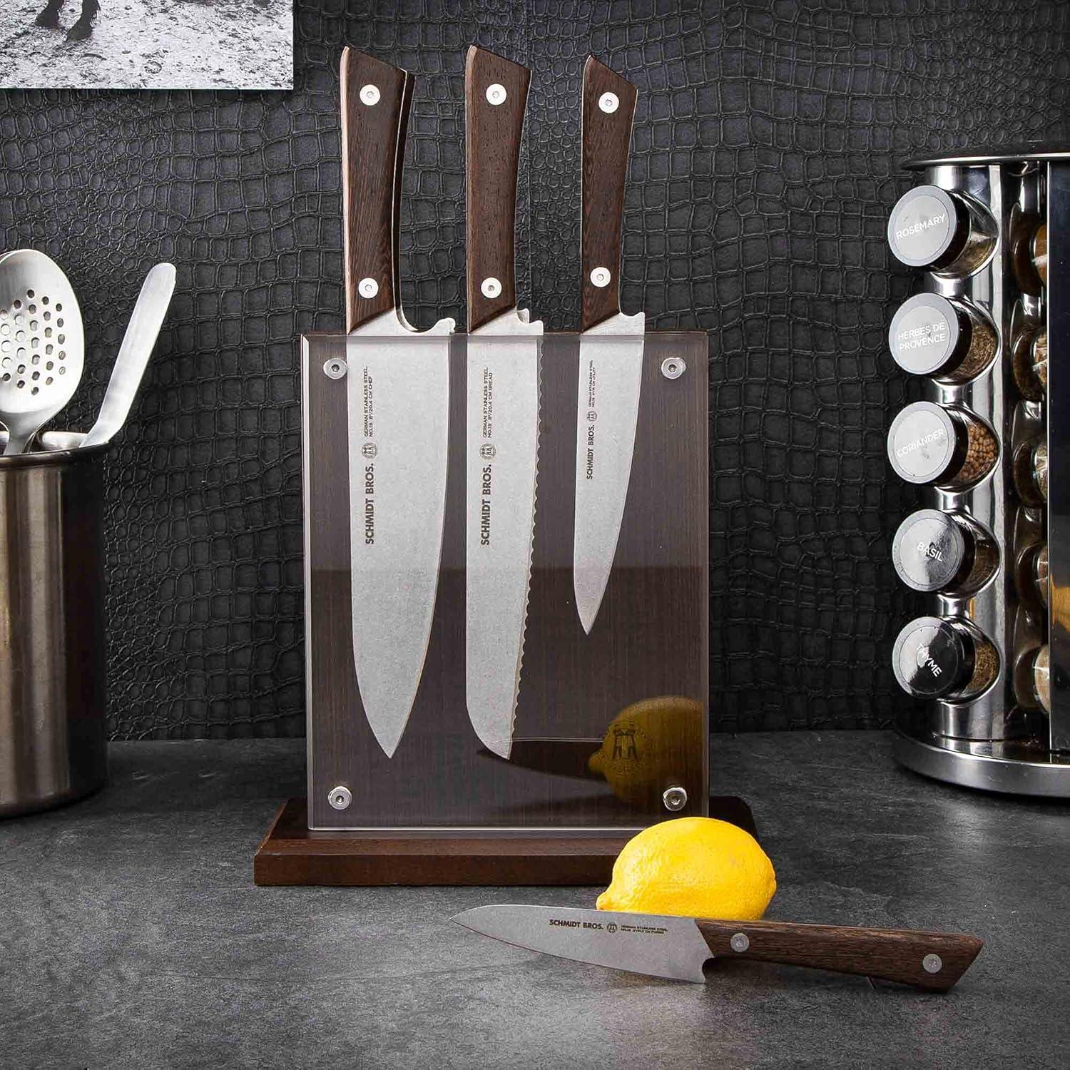 image:imageSchmidt Brothers Cutlery Stone Series 7Piece Kitchen Knife Set HighCarbon German Stainless Steel Cutlery Stonewashed Wood Handles and Clear Acrylic Magnetic Knife BlockStone Series Brown