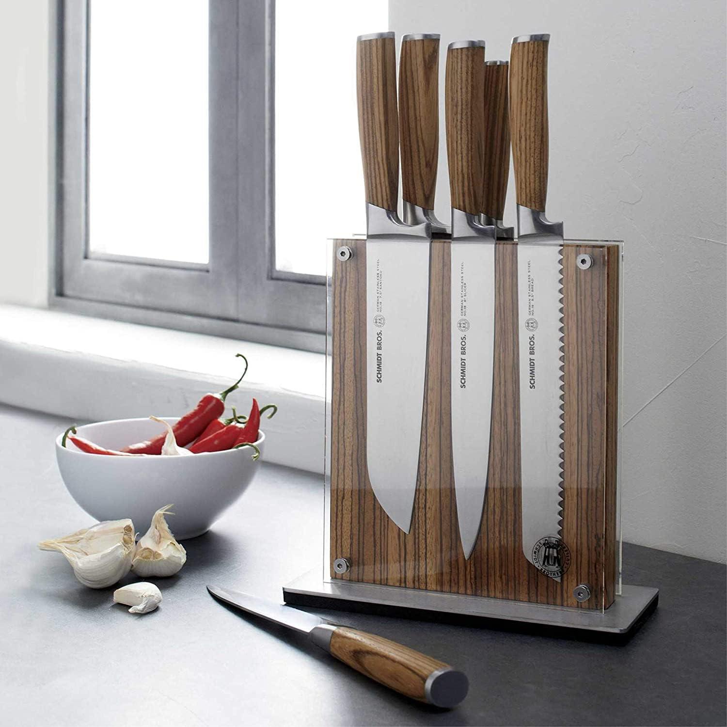 image:imageSchmidt Brothers Cutlery Stone Series 7Piece Kitchen Knife Set HighCarbon German Stainless Steel Cutlery Stonewashed Wood Handles and Clear Acrylic Magnetic Knife BlockZebra Wood Series