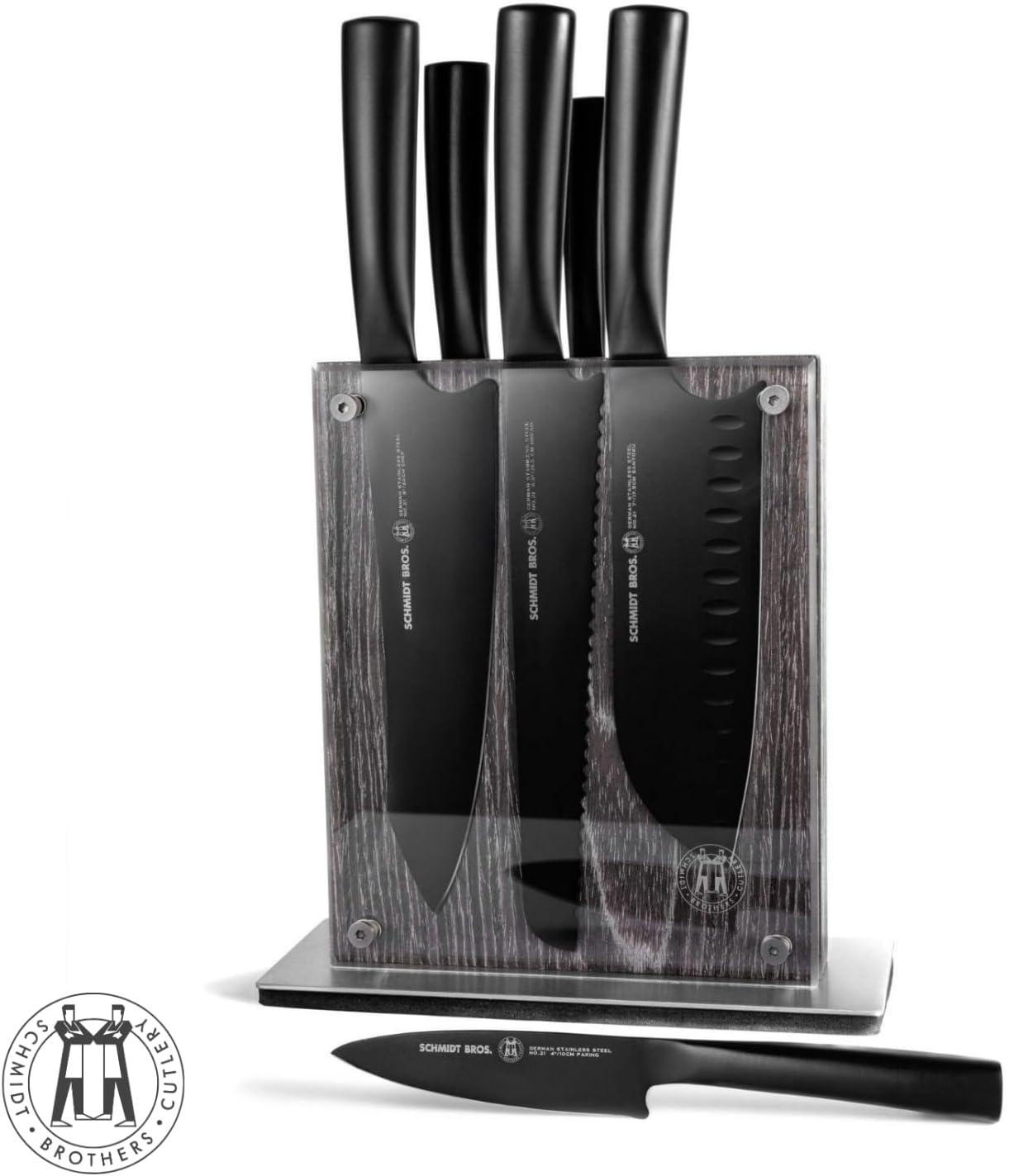 image:imageSchmidt Brothers Jet Black Series 7Piece Kitchen Knife Set HighCarbon German Stainless Steel Cutlery Pure Matte Black Titanium Finish With Clear Acrylic Magnetic Knife BlockJet Black Series