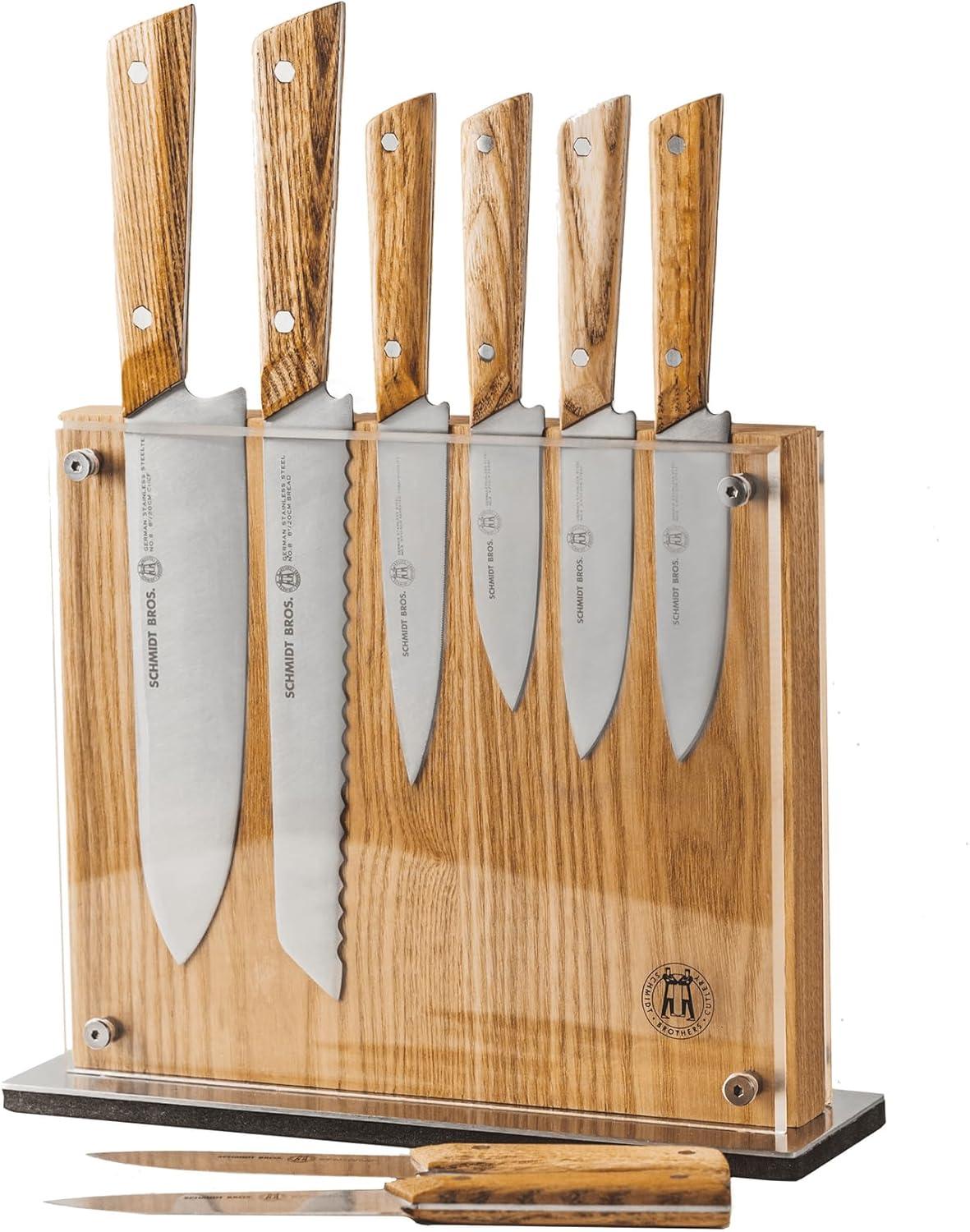 image:imageSchmidt Brothers Jet Black Series 7Piece Kitchen Knife Set HighCarbon German Stainless Steel Cutlery Pure Matte Black Titanium Finish With Clear Acrylic Magnetic Knife BlockWhite Oak Hex