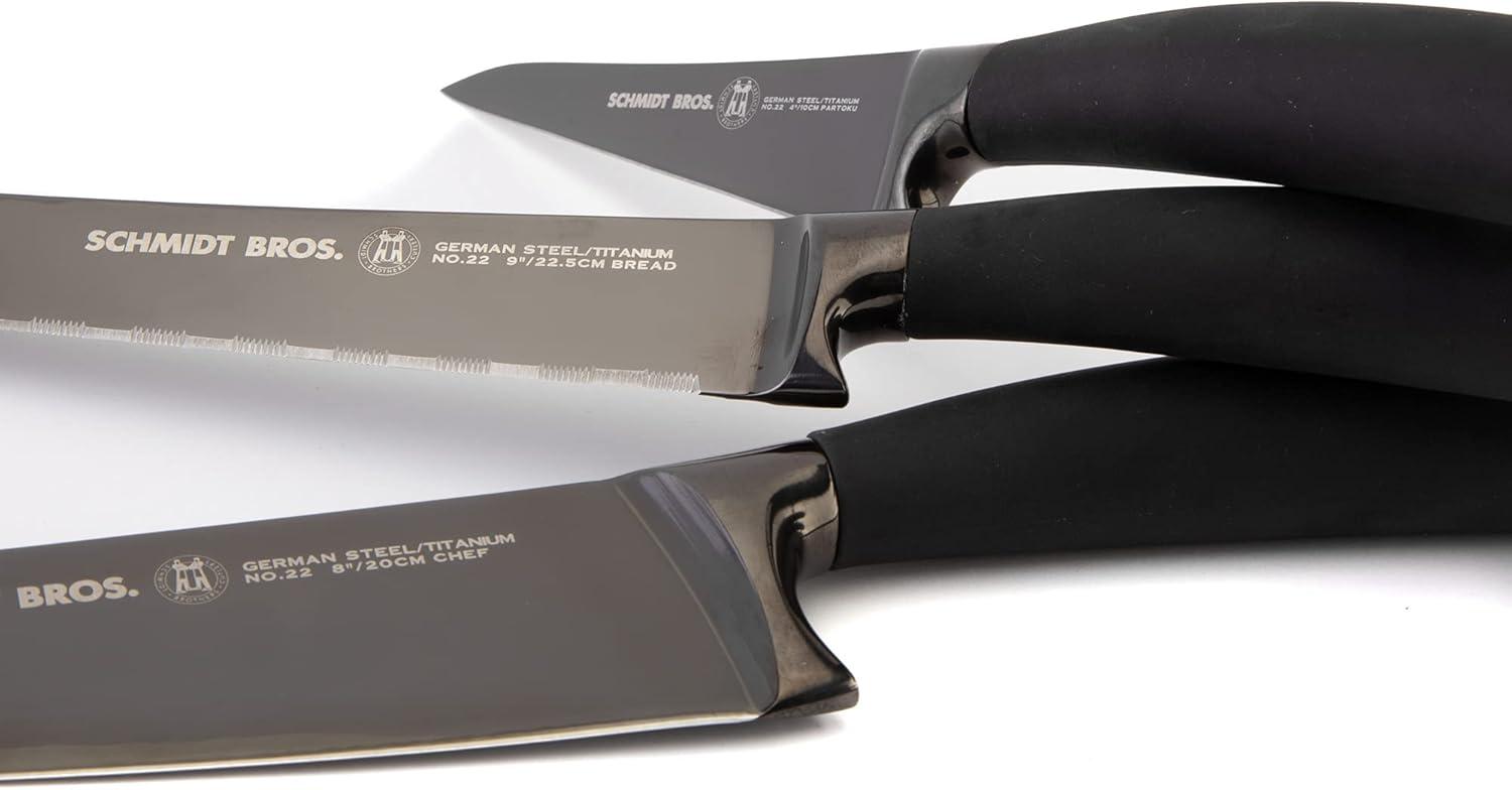 image:imageSchmidt Brothers Titan 22Series 12Piece Kitchen Knife Set HighCarbon German Stainless Steel Cutlery Coated In Pure HighPolish Titanium Santoprene Handles and Clear Acrylic Magnetic Knife Block