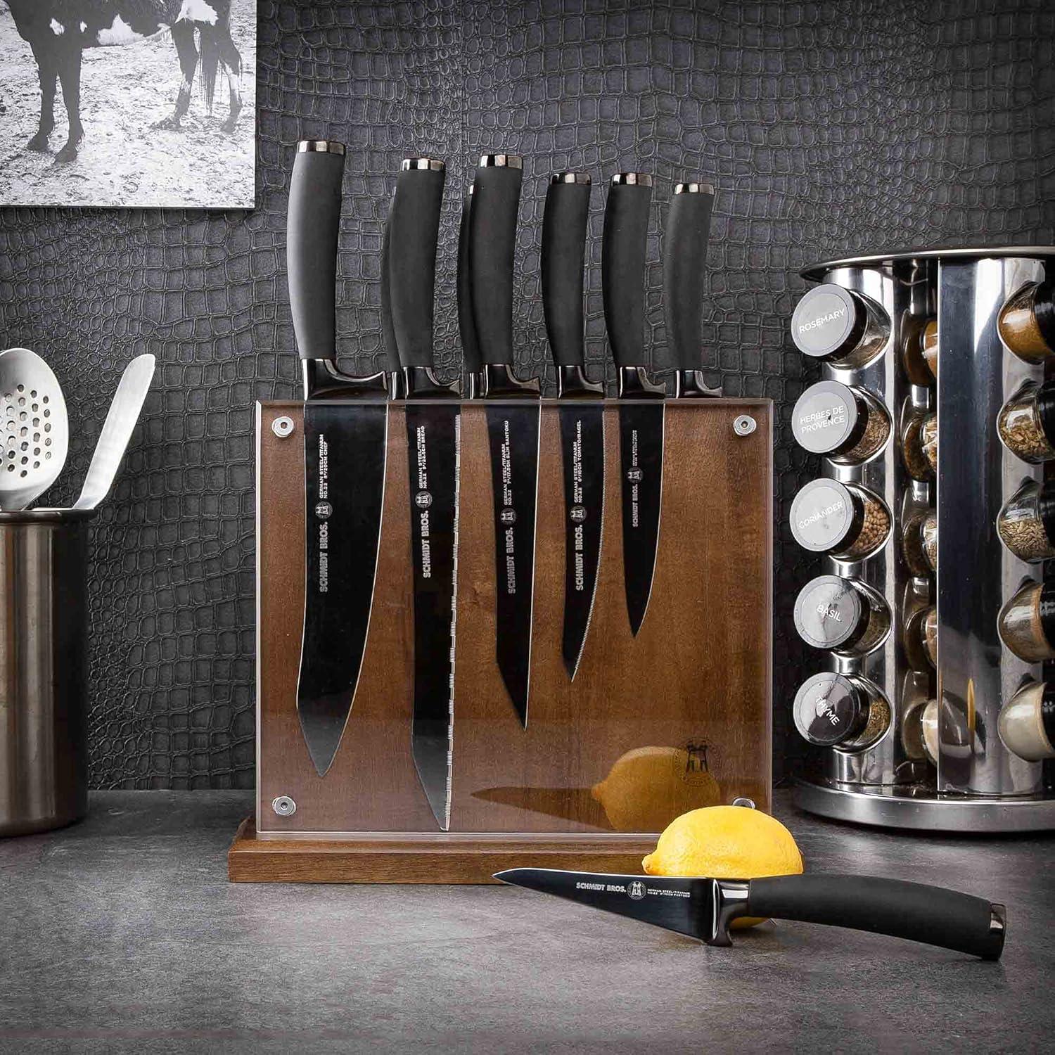 image:imageSchmidt Brothers Titan 22Series 12Piece Kitchen Knife Set HighCarbon German Stainless Steel Cutlery Coated In Pure HighPolish Titanium Santoprene Handles and Clear Acrylic Magnetic Knife Block