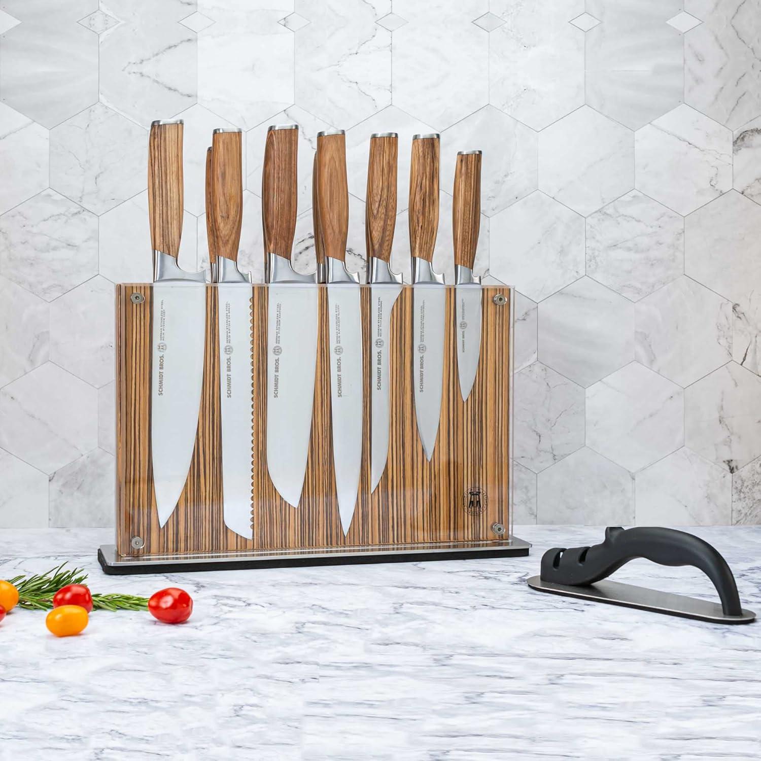 image:imageSchmidt Brothers Zebra Wood 15Piece Kitchen Knife Set HighCarbon Stainless Steel Cutlery with Zebra Wood and Acrylic Magnetic Knife Block and Knife Sharpener
