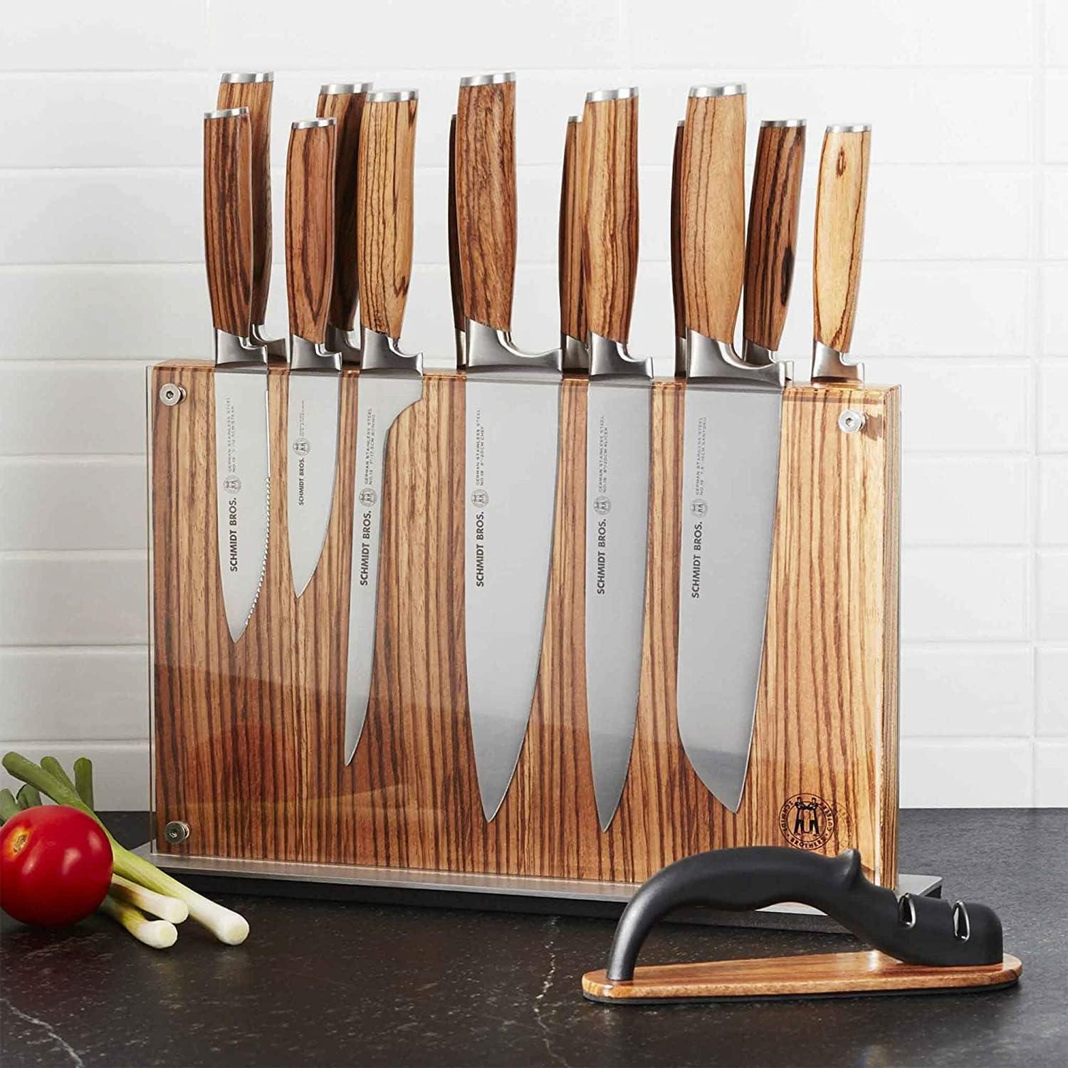 image:imageSchmidt Brothers Zebra Wood 15Piece Kitchen Knife Set HighCarbon Stainless Steel Cutlery with Zebra Wood and Acrylic Magnetic Knife Block and Knife Sharpener