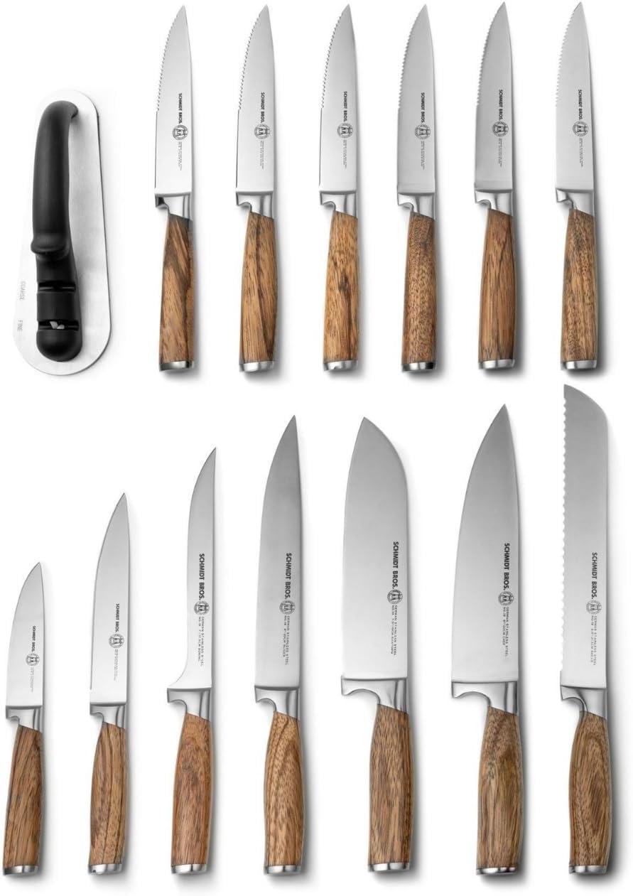 image:imageSchmidt Brothers Zebra Wood 15Piece Kitchen Knife Set HighCarbon Stainless Steel Cutlery with Zebra Wood and Acrylic Magnetic Knife Block and Knife Sharpener