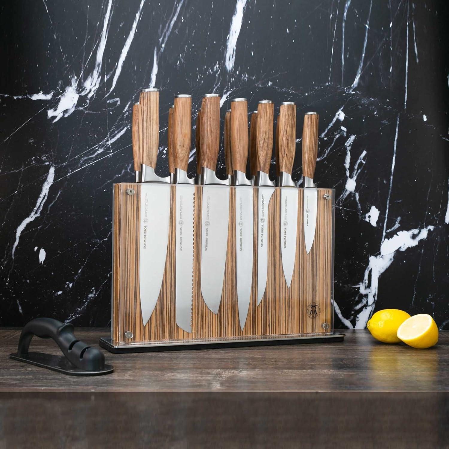 image:imageSchmidt Brothers Zebra Wood 15Piece Kitchen Knife Set HighCarbon Stainless Steel Cutlery with Zebra Wood and Acrylic Magnetic Knife Block and Knife Sharpener