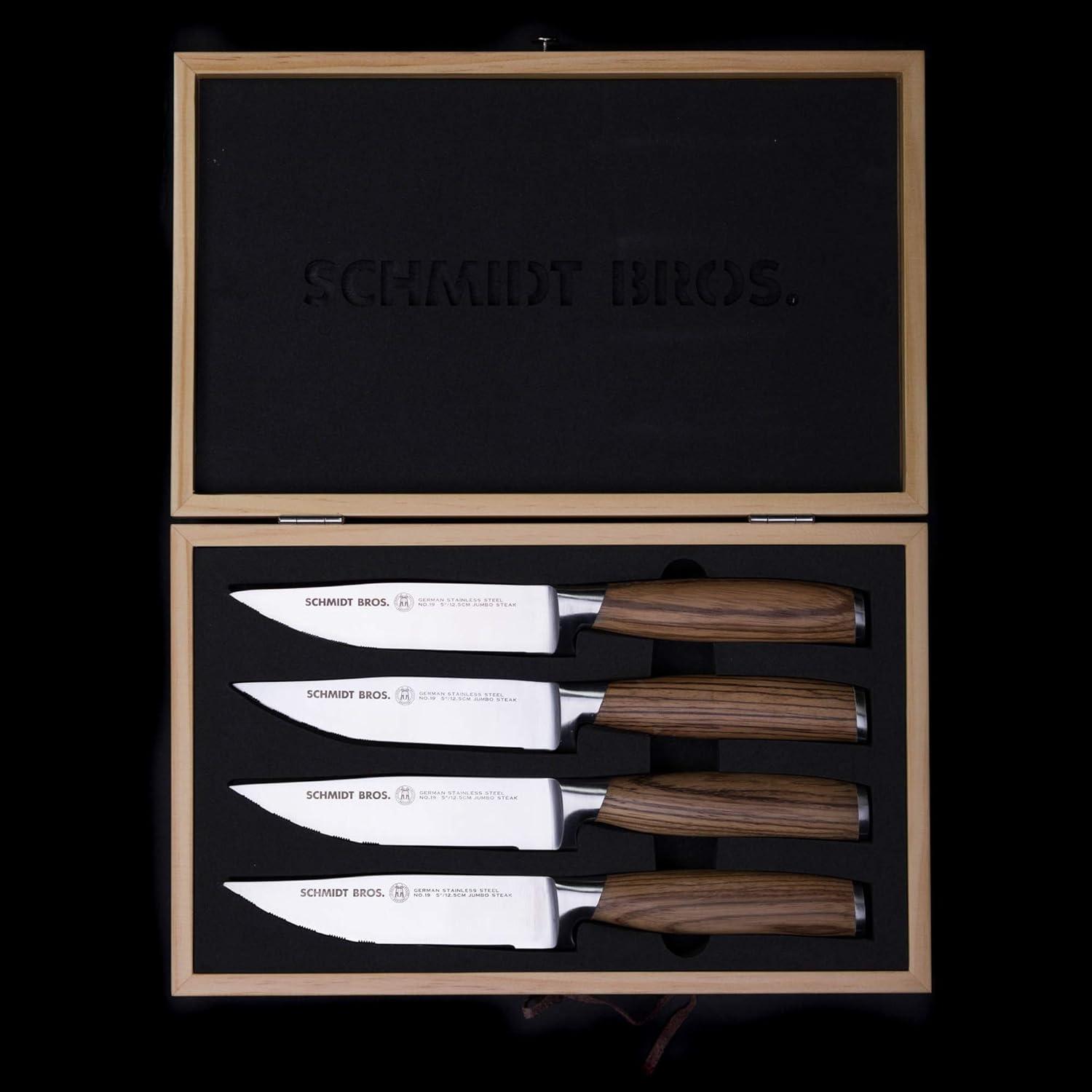 image:imageSchmidt Brothers Zebra Wood 4Piece Jumbo Steak Knife Set HighCarbon German Stainless Steel Cutlery in a Wood Gift Box5