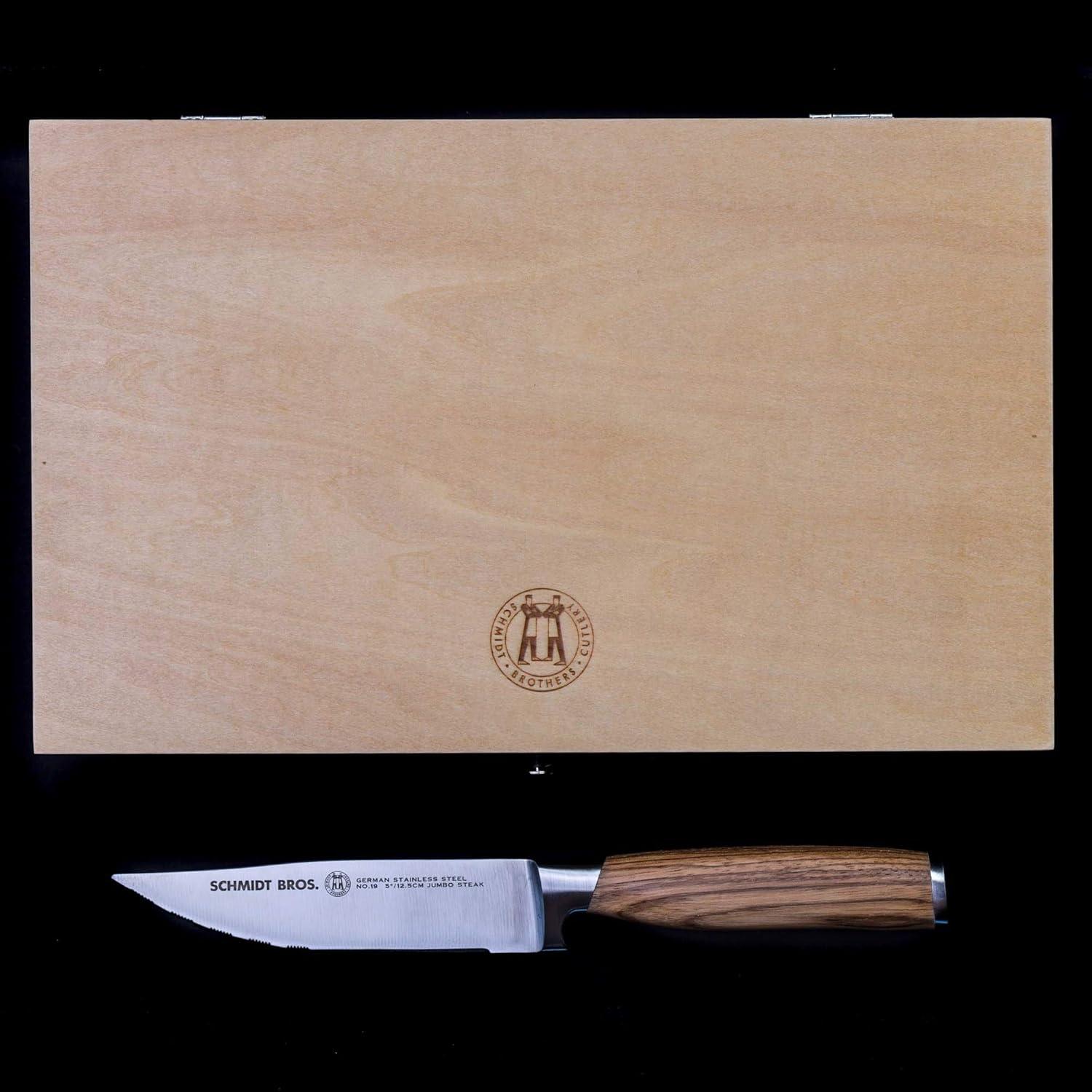 image:imageSchmidt Brothers Zebra Wood 4Piece Jumbo Steak Knife Set HighCarbon German Stainless Steel Cutlery in a Wood Gift Box5