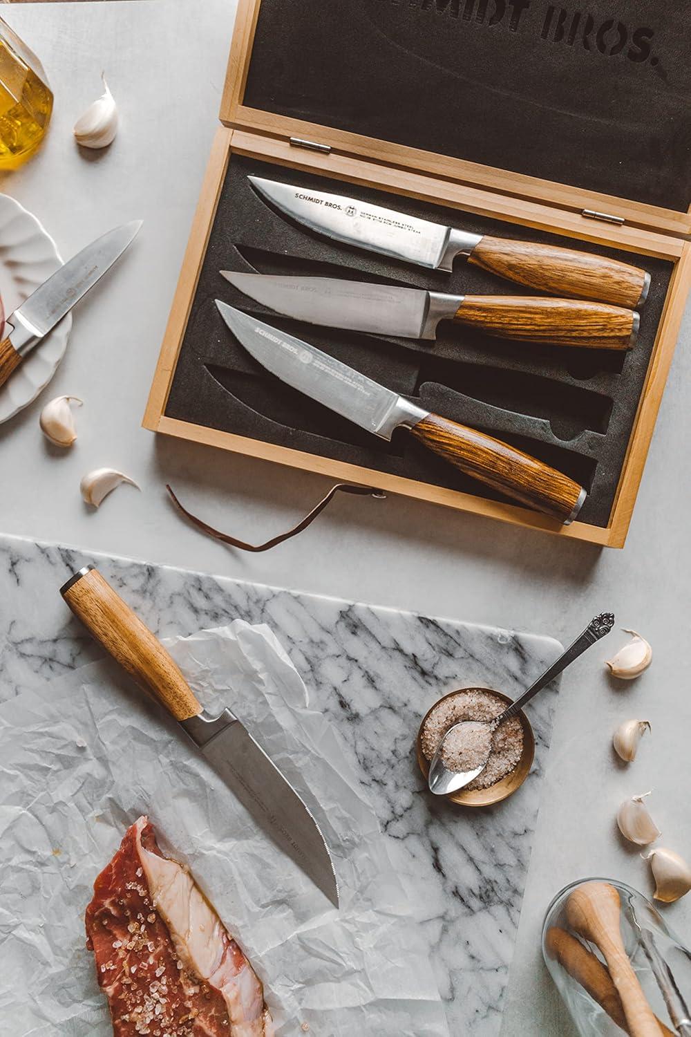 image:imageSchmidt Brothers Zebra Wood 4Piece Jumbo Steak Knife Set HighCarbon German Stainless Steel Cutlery in a Wood Gift Box5
