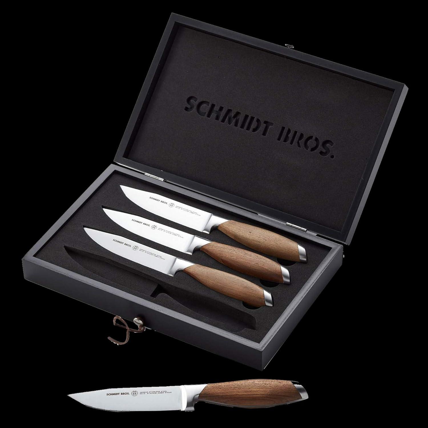 image:imageSchmidt Brothers Bonded Teak 4Piece Jumbo Steak Knife Set HighCarbon German Stainless Steel Cutlery in a Wood Gift BoxBonded Teak