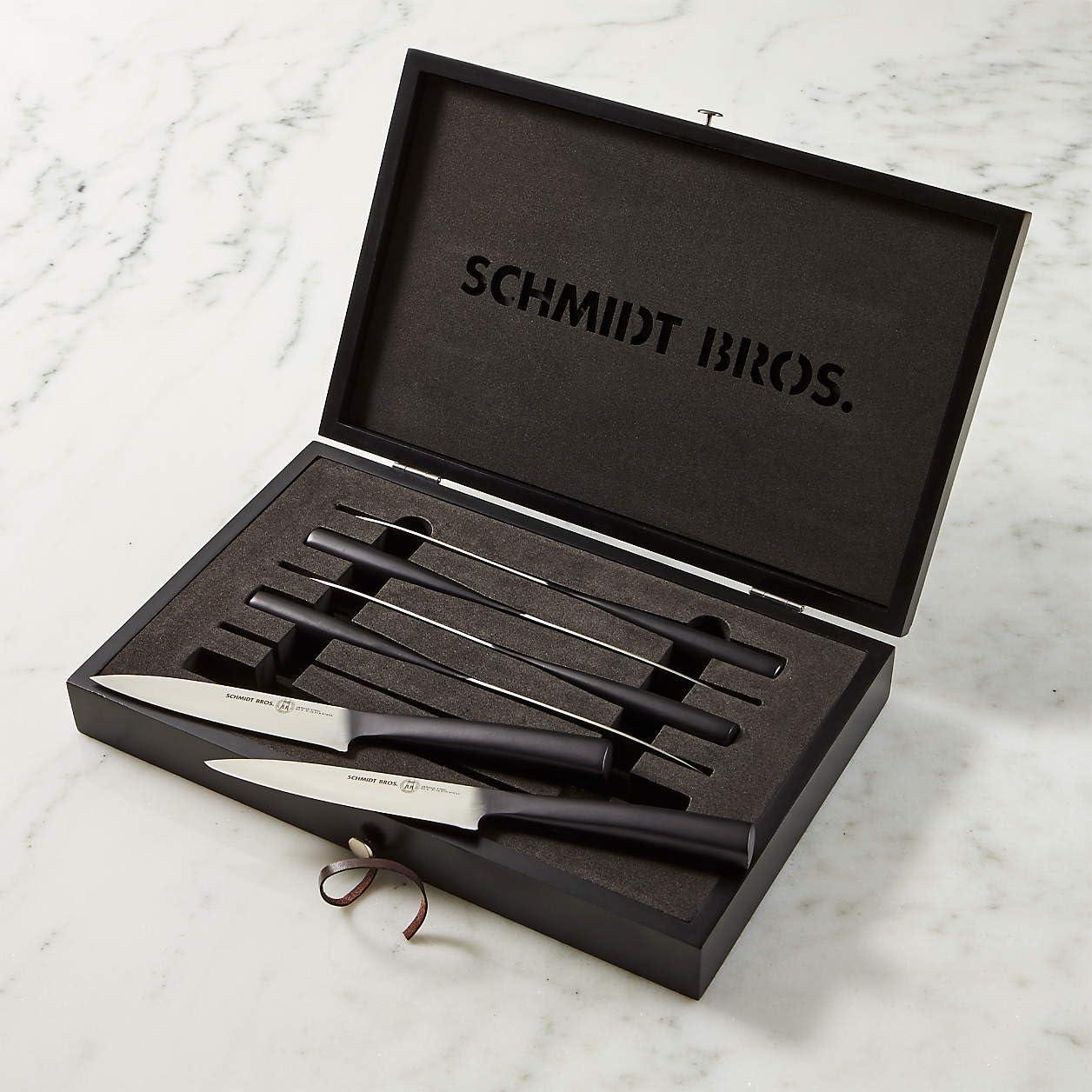 image:imageSchmidt Brothers Bonded Teak 4Piece Jumbo Steak Knife Set HighCarbon German Stainless Steel Cutlery in a Wood Gift BoxCarbon 6