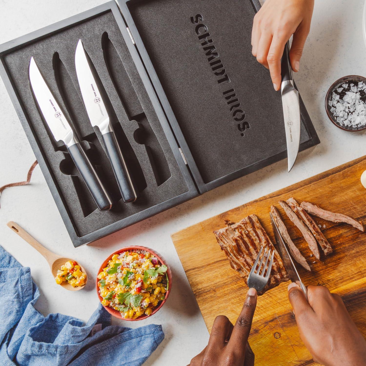image:imageSchmidt Brothers Bonded Teak 4Piece Jumbo Steak Knife Set HighCarbon German Stainless Steel Cutlery in a Wood Gift BoxCrosstown