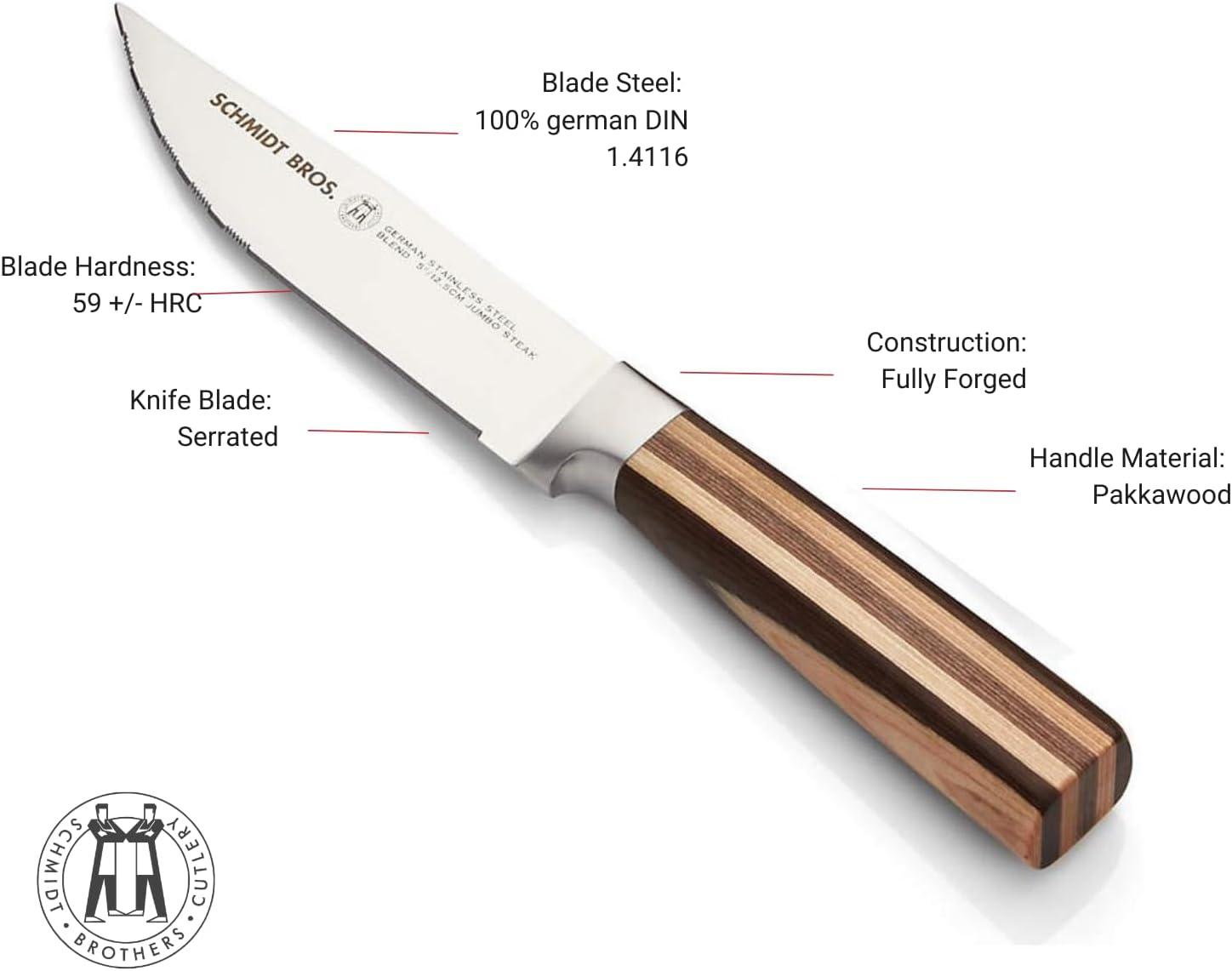 image:imageSchmidt Brothers Bonded Teak 4Piece Jumbo Steak Knife Set HighCarbon German Stainless Steel Cutlery in a Wood Gift BoxFarmhouse