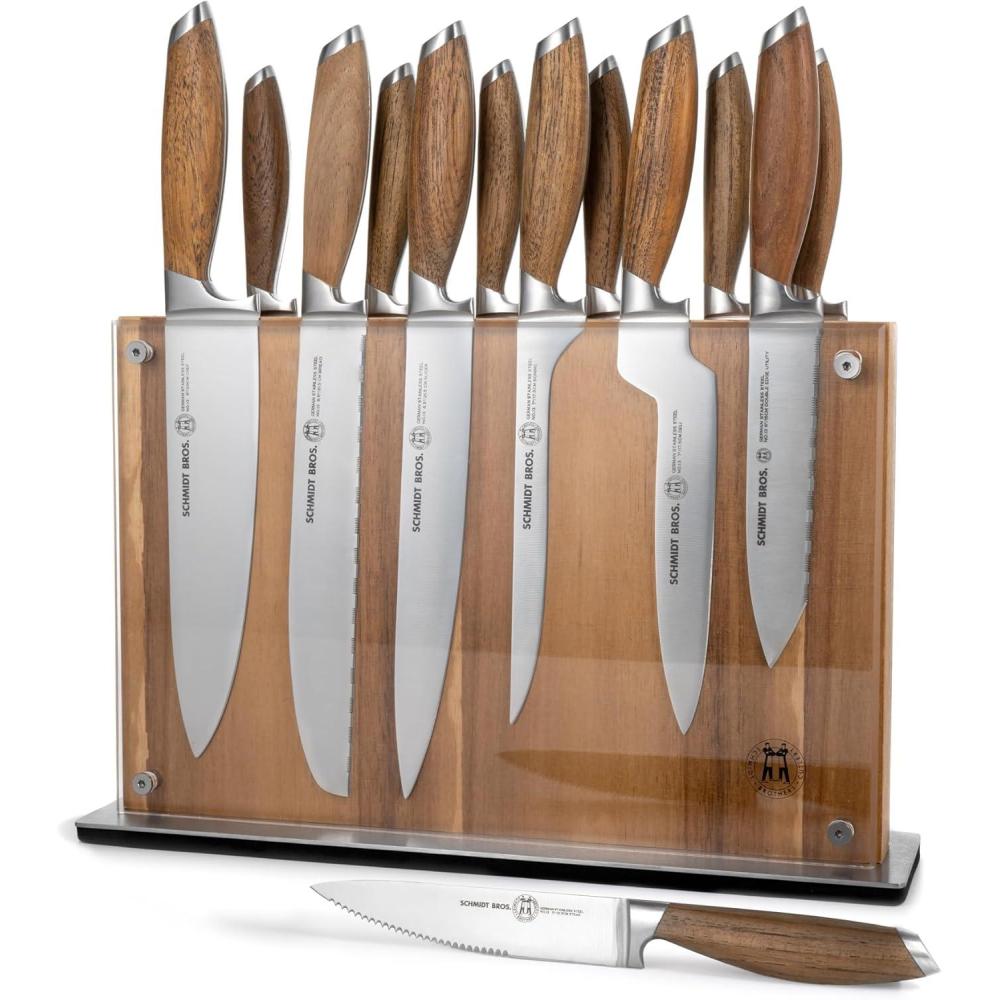 image:imageSchmidt Brothers Bonded Teak 15Piece Knife Set HighCarbon Stainless Steel Cutlery with Acacia and Acrylic Magnetic Knife Block and Knife Sharpener
