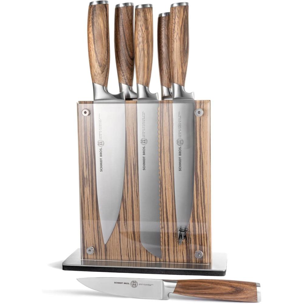 image:imageSchmidt Brothers Cutlery Stone Series 7Piece Kitchen Knife Set HighCarbon German Stainless Steel Cutlery Stonewashed Wood Handles and Clear Acrylic Magnetic Knife BlockZebra Wood Series