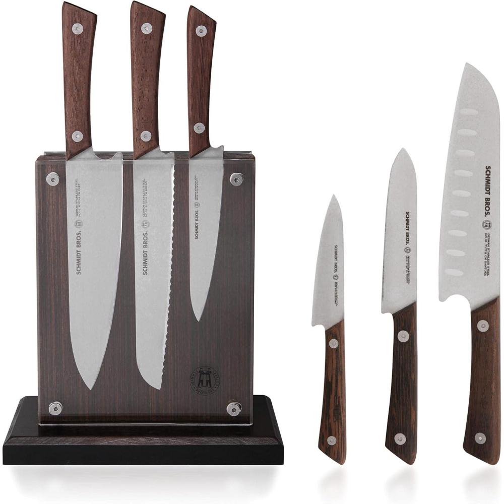 image:imageSchmidt Brothers Cutlery Stone Series 7Piece Kitchen Knife Set HighCarbon German Stainless Steel Cutlery Stonewashed Wood Handles and Clear Acrylic Magnetic Knife BlockStone Series Brown