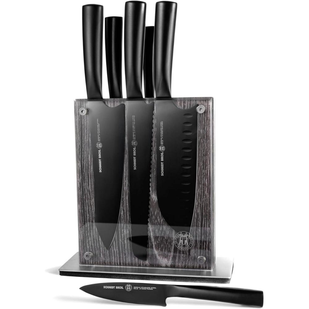 image:imageSchmidt Brothers Jet Black Series 7Piece Kitchen Knife Set HighCarbon German Stainless Steel Cutlery Pure Matte Black Titanium Finish With Clear Acrylic Magnetic Knife BlockJet Black Series
