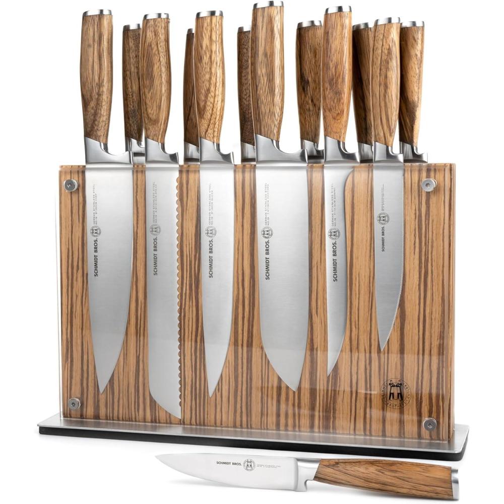 image:imageSchmidt Brothers Zebra Wood 15Piece Kitchen Knife Set HighCarbon Stainless Steel Cutlery with Zebra Wood and Acrylic Magnetic Knife Block and Knife Sharpener