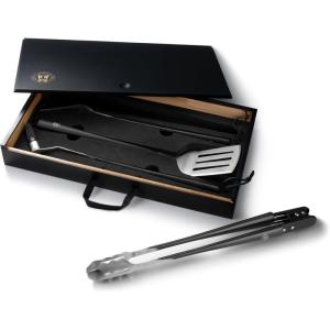Schmidt Brothers – BBQ Bonded Teak 4 Piece Grilling Accessory Set, Full-Forged Stainless Steel Grilling Utensils Including Spatula, Fork, Basting Brush, and Tongs with All Wood Handles(Carbon 6)