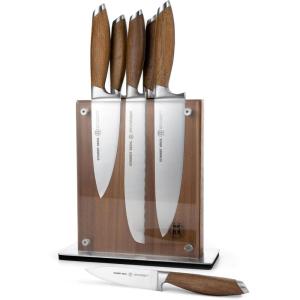 Schmidt Brothers – Bonded Teak, 7-Piece Knife Set, High-Carbon Stainless Steel Cutlery with Midtown Acacia and Acrylic Magnetic Knife Block