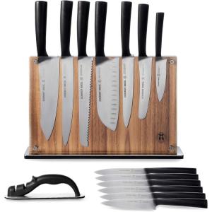 Schmidt Brothers – Carbon 6, 15-Piece Kitchen Knife Set, High-Carbon Stainless Steel Cutlery with Downtown Acacia and Acrylic Magnetic Knife Block and Knife Sharpener