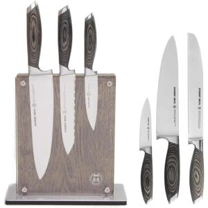 Schmidt Brothers – Cutlery Stone Series 7-Piece Kitchen Knife Set, High-Carbon German Stainless Steel Cutlery, Stone-washed Wood Handles and Clear Acrylic Magnetic Knife Block(Bonded Ash Series)