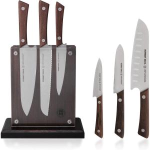 Schmidt Brothers – Cutlery Stone Series 7-Piece Kitchen Knife Set, High-Carbon German Stainless Steel Cutlery, Stone-washed Wood Handles and Clear Acrylic Magnetic Knife Block(Stone Series  Brown)