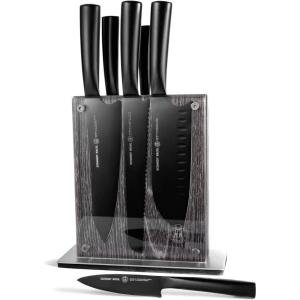 Schmidt Brothers – Jet Black Series 7-Piece Kitchen Knife Set, High-Carbon German Stainless Steel Cutlery, Pure Matte Black Titanium Finish With Clear Acrylic Magnetic Knife Block(Jet Black Series)