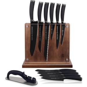 Schmidt Brothers – Titan 22-Series 12-Piece Kitchen Knife Set, High-Carbon German Stainless Steel Cutlery Coated In Pure High-Polish Titanium, Santoprene Handles and Clear Acrylic Magnetic Knife Block