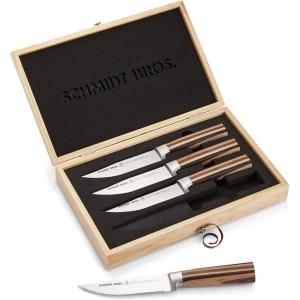 Schmidt Brothers -Bonded Teak 4-Piece Jumbo Steak Knife Set, High-Carbon German Stainless Steel Cutlery in a Wood Gift Box(Farmhouse)